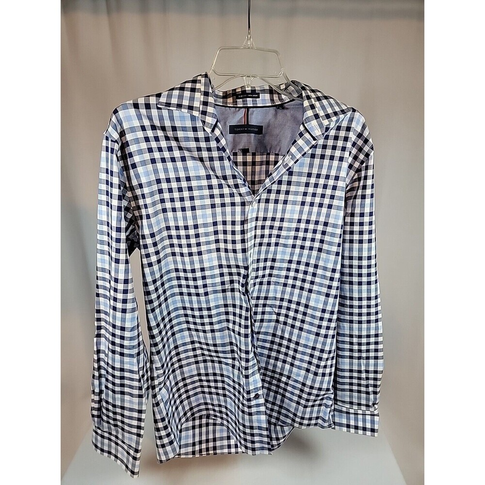 Vintage Tommy Hilfiger White Blue Button Down Long Sleeve Plaid Shirt Mens Slim